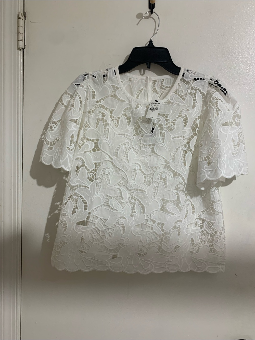 Express White Floral Lace Short Sleeve Blouse
